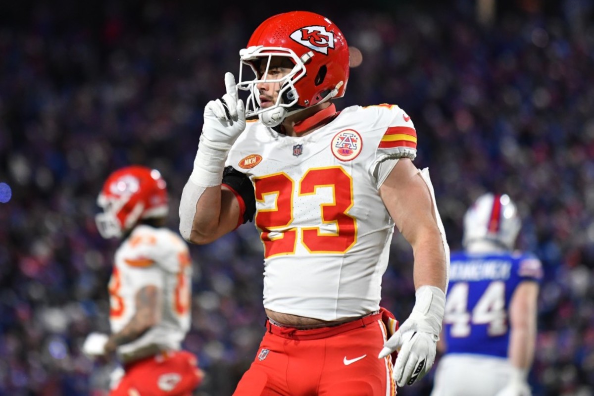 Kansas City Chiefs linebacker Drue Tranquill (23) reacts against the Buffalo Bills in the second half of the 2024 AFC divisional round game at Highmark Stadium.