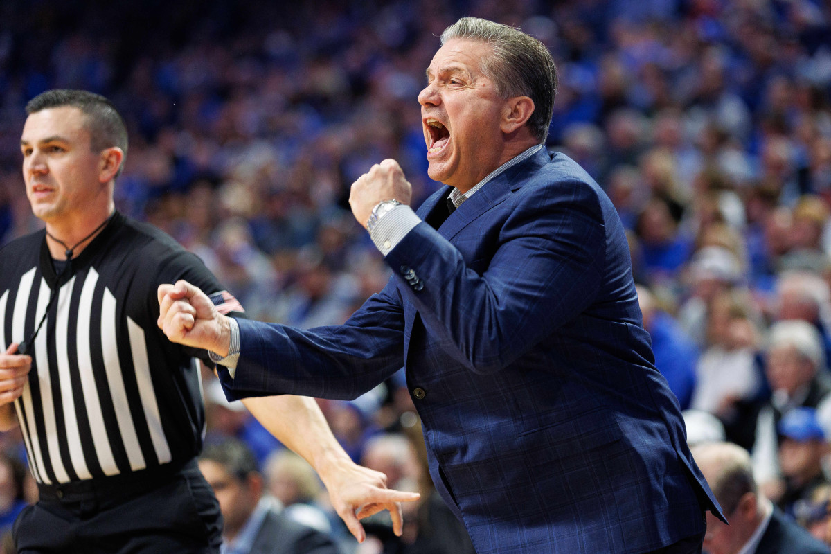 Jan 20, 2024; Lexington, Kentucky, USA; Kentucky Wildcats head coach John Calipari reacts during the first half against the Georgia Bulldogs at Rupp Arena at Central Bank Center. Mandatory Credit: Jordan Prather-USA TODAY Sports