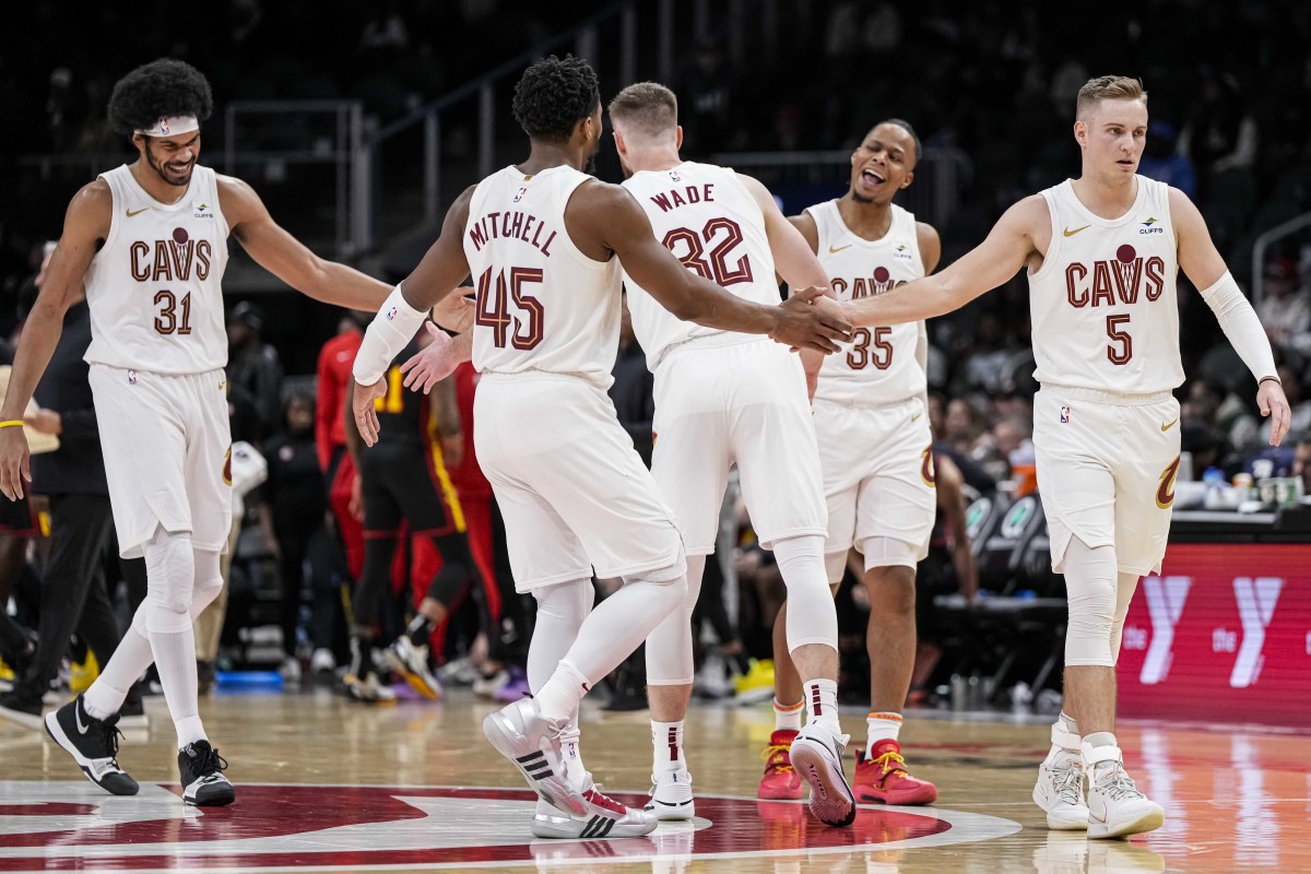 Jan 20, 2024; Atlanta, Georgia, USA; Cleveland Cavaliers players react during a timeout against the Atlanta Hawks during the second half at State Farm Arena.