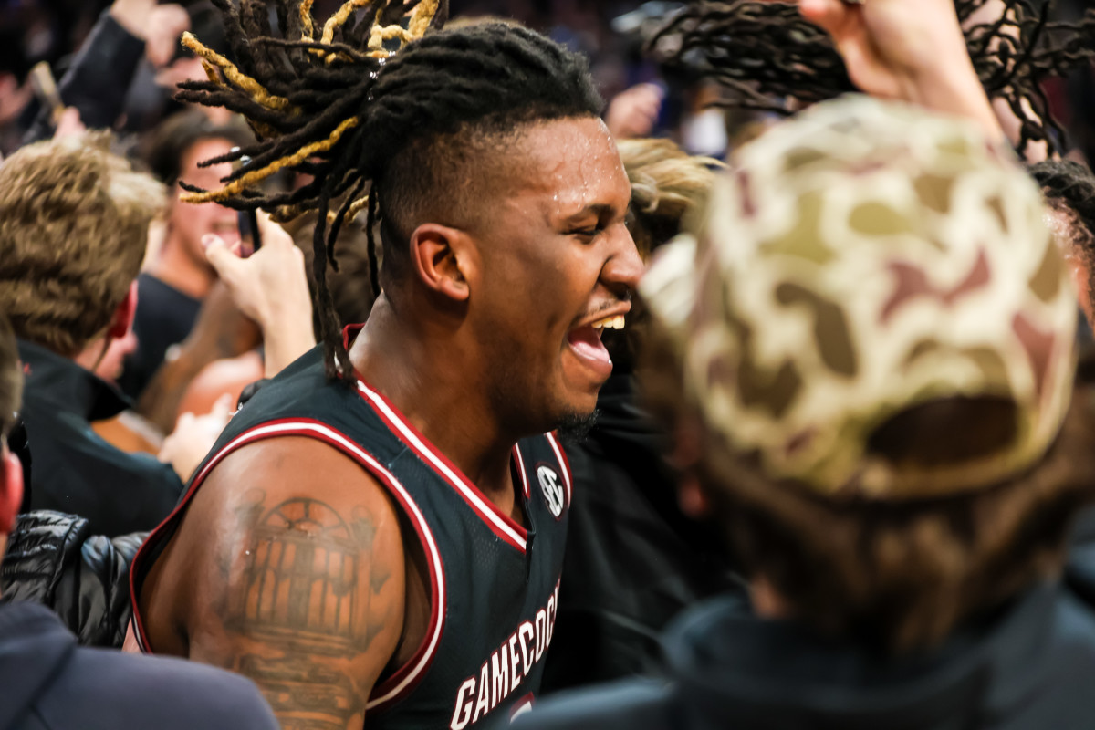 BJ Mack celebrating with South Carolina fans after the Gamecocks' upset win over Kentucky (23rd Jan., 2024)