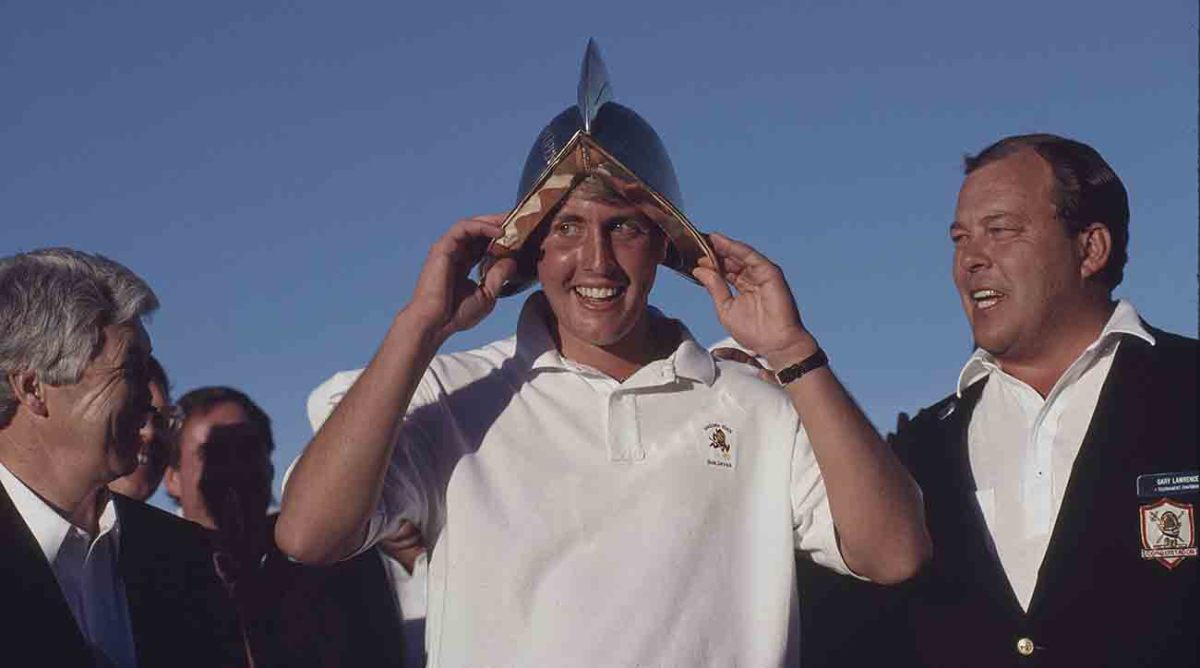 Phil Mickelson is pictured donning the winner's helmet after the 1991 Northern Telecom Open.