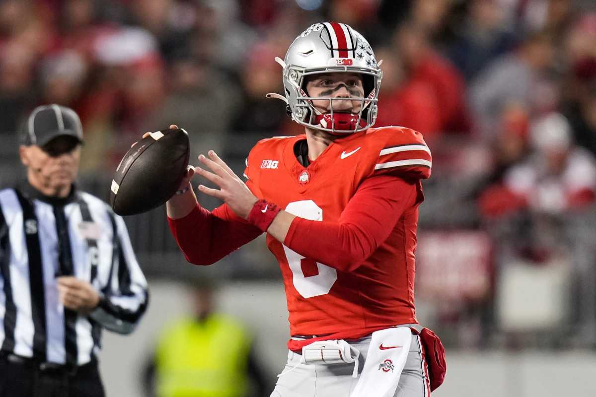 Ohio State quarterback Kyle McCord looks to pass during a game against Minnesota at Ohio Stadium in Columbus, Ohio on Nov. 18, 2023.