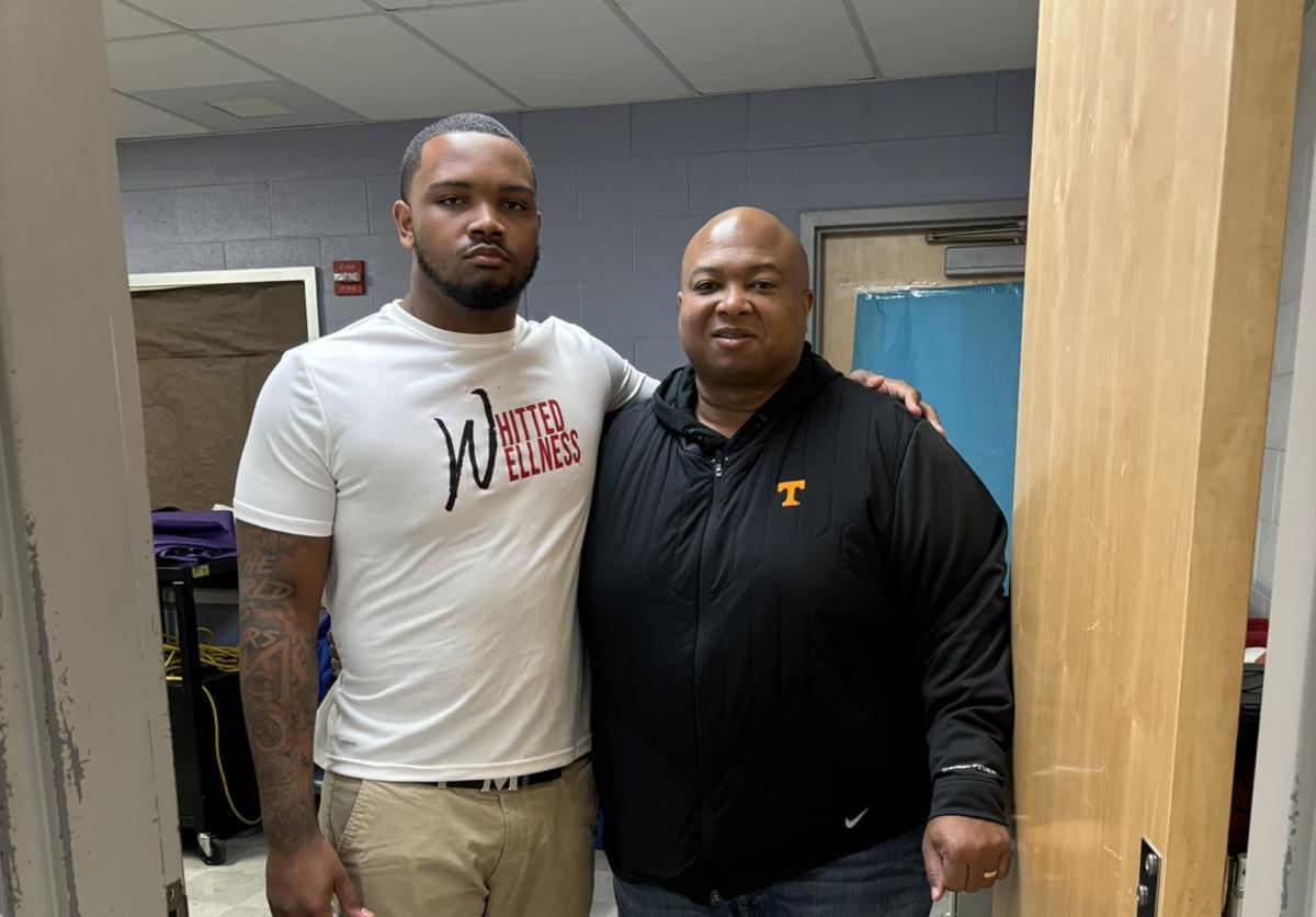 2025 4-star DL Trent Wilson with Tennessee Volunteers senior defensive analyst Levorn Harbin. (Photo courtesy of Trent Wilson)