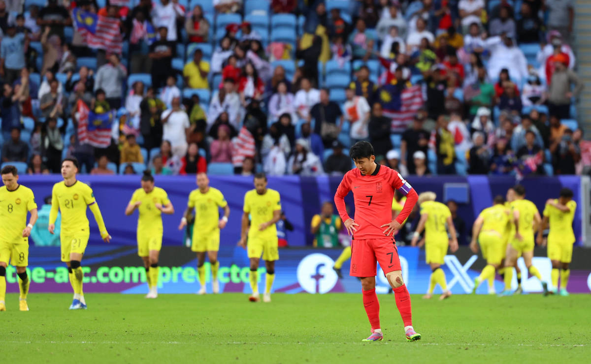 South Korea captain Son Heung-min pictured with his hands on his hips after his team drew 3-3 with Malaysia at the 2023 AFC Asian Cup in January 2024