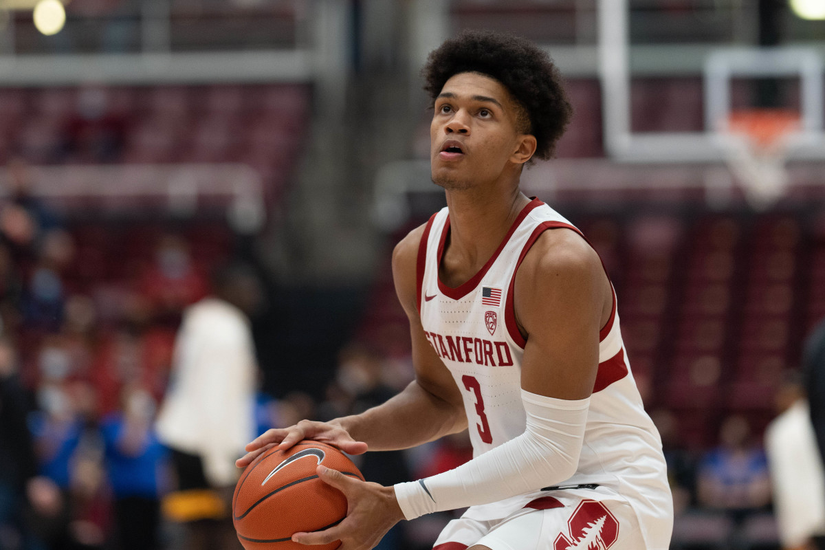 Nov 15, 2021; Stanford, California, USA; Stanford Cardinal guard Jarvis Moss (3) warms up before the start of the game against the San Jose State Spartans at Maples Pavilion. Mandatory Credit: Stan Szeto-USA TODAY Sports