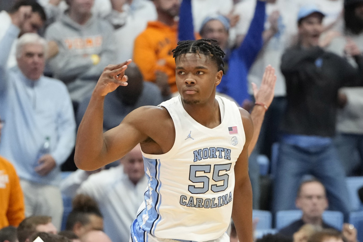 Nov 29, 2023; Chapel Hill, North Carolina, USA; North Carolina Tar Heels forward Harrison Ingram (55) reacts after hitting a three point shot in the first half at Dean E. Smith Center. Mandatory Credit: Bob Donnan-USA TODAY Sports