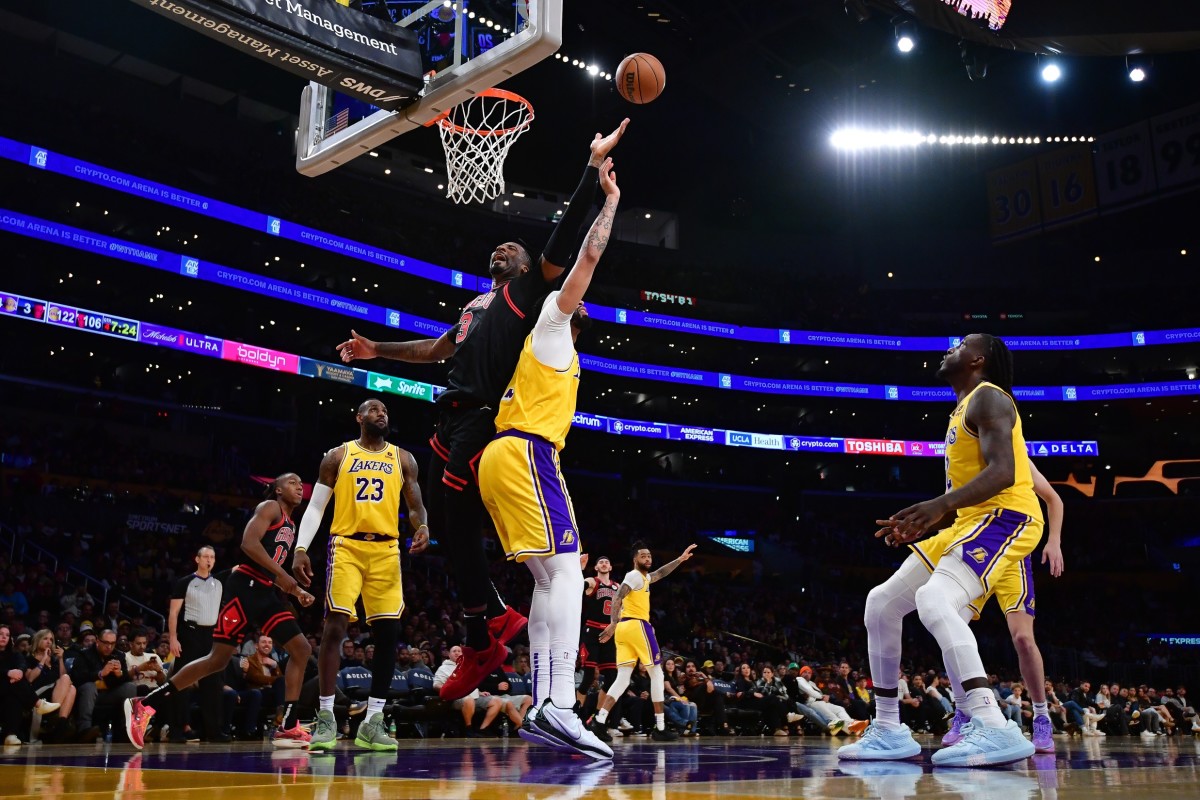 Chicago Bulls center Andre Drummond (3) and Los Angeles Lakers forward Anthony Davis (3) play for the rebound during the second half at Crypto.com Arena.