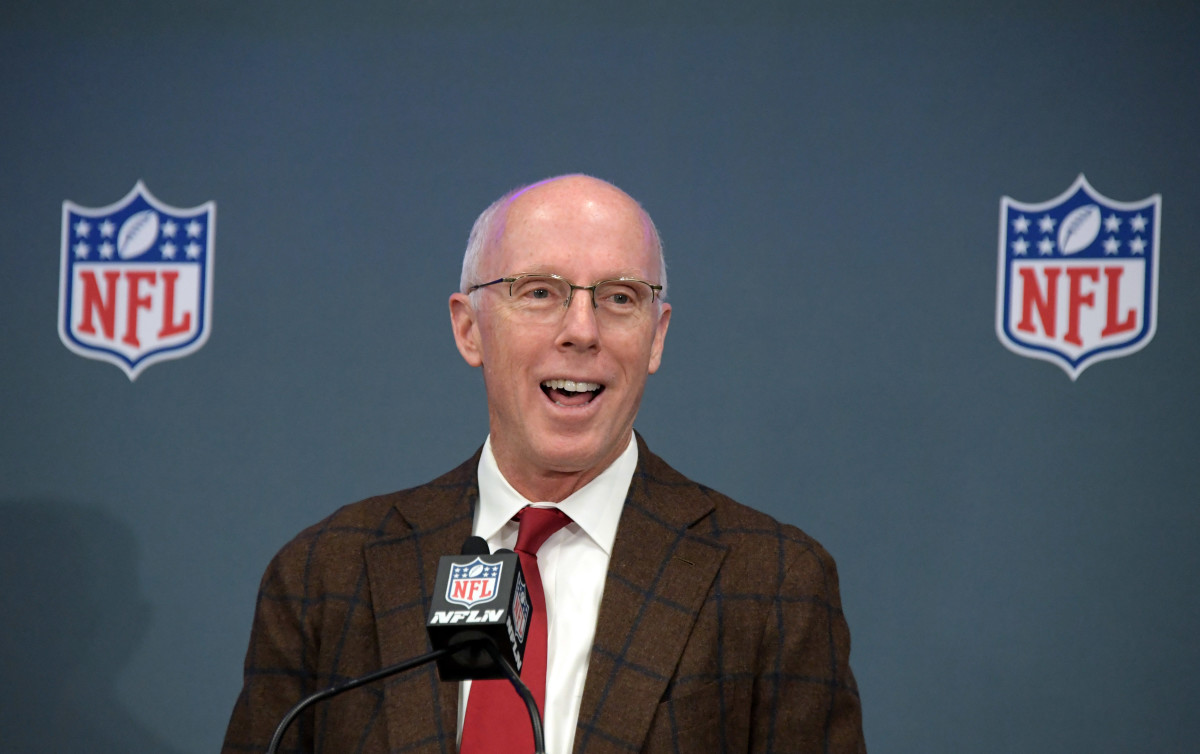 Feb 4, 2019; Atlanta, GA, USA; Atlanta Falcons chief executive officer Rich McKay speaks during Super Bowl LIII handoff ceremony at Georgia World Congress Center.