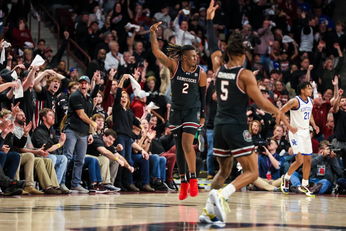 BJ Mack celebrates hitting a three-pointer vs Kentucky (23rd Jan., 2024)