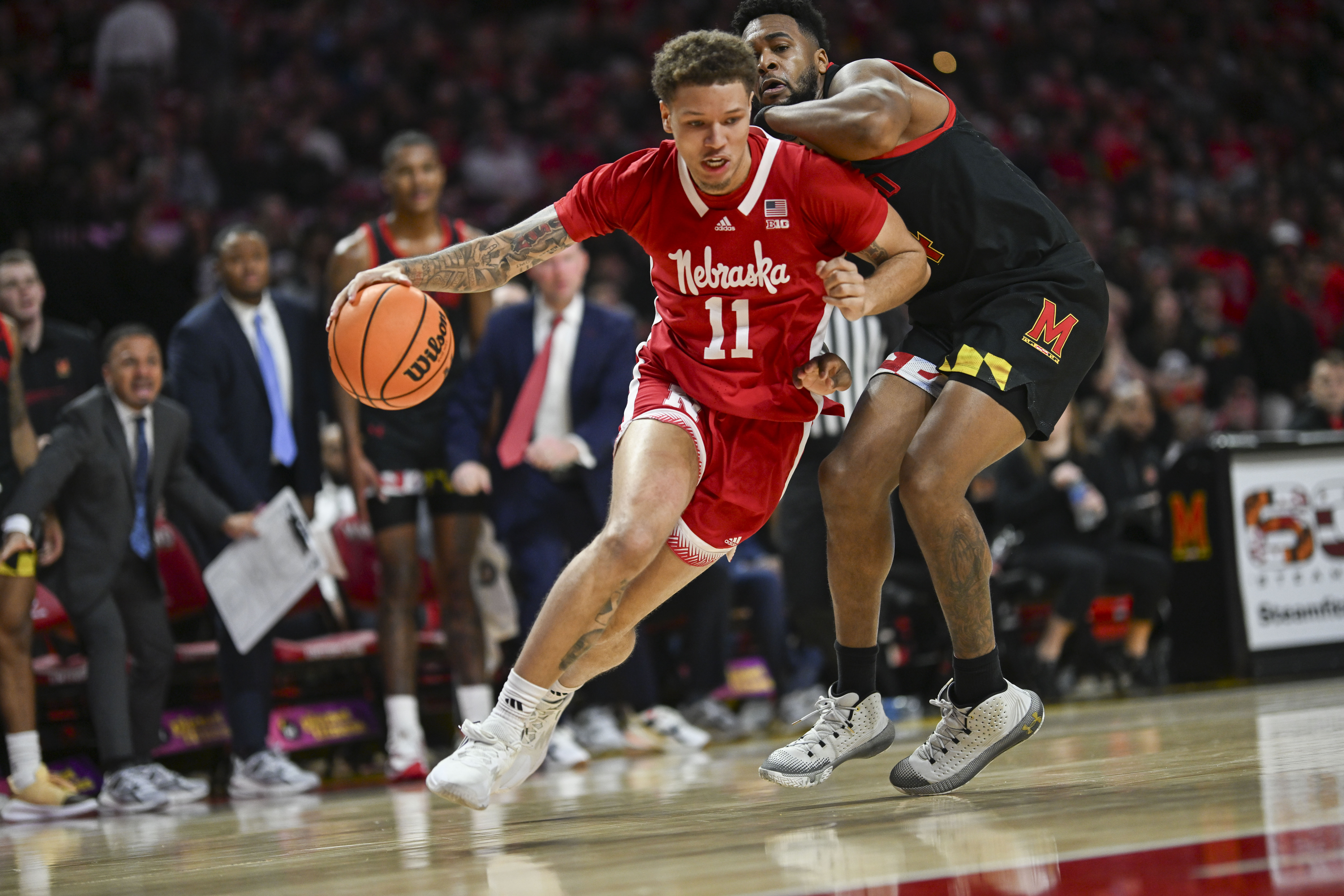 Jan 27, 2024; College Park, Maryland, USA; Nebraska Cornhuskers guard Eli Rice (11) makea move to the bask during the first half against the Maryland Terrapins at Xfinity Center.