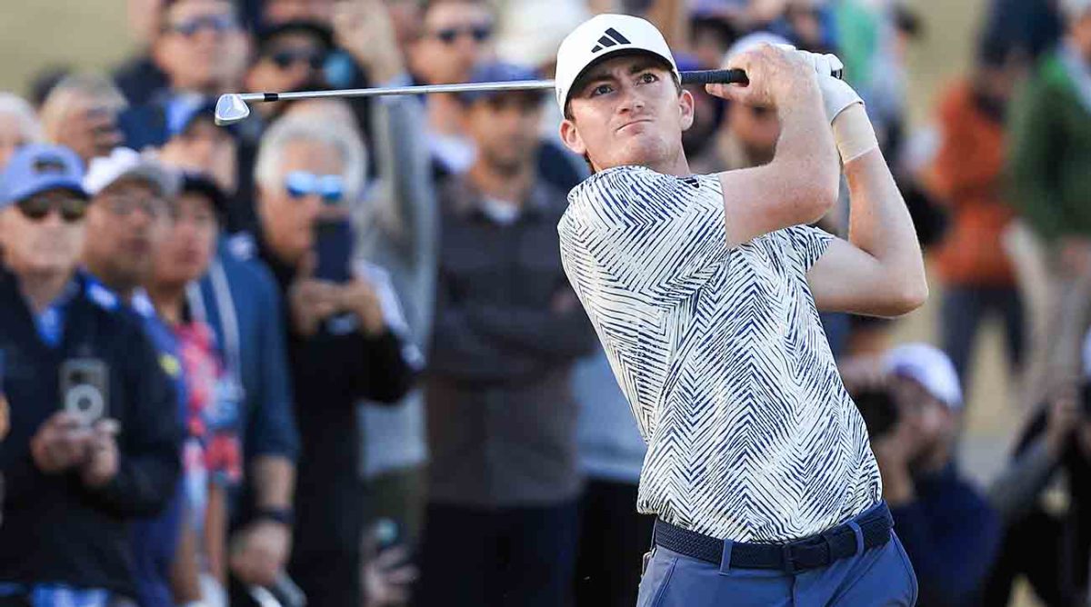 Nick Dunlap hits from the 18th fairway during the final round of the 2024 American Express at Pete Dye Stadium Course in La Quinta, Calif.