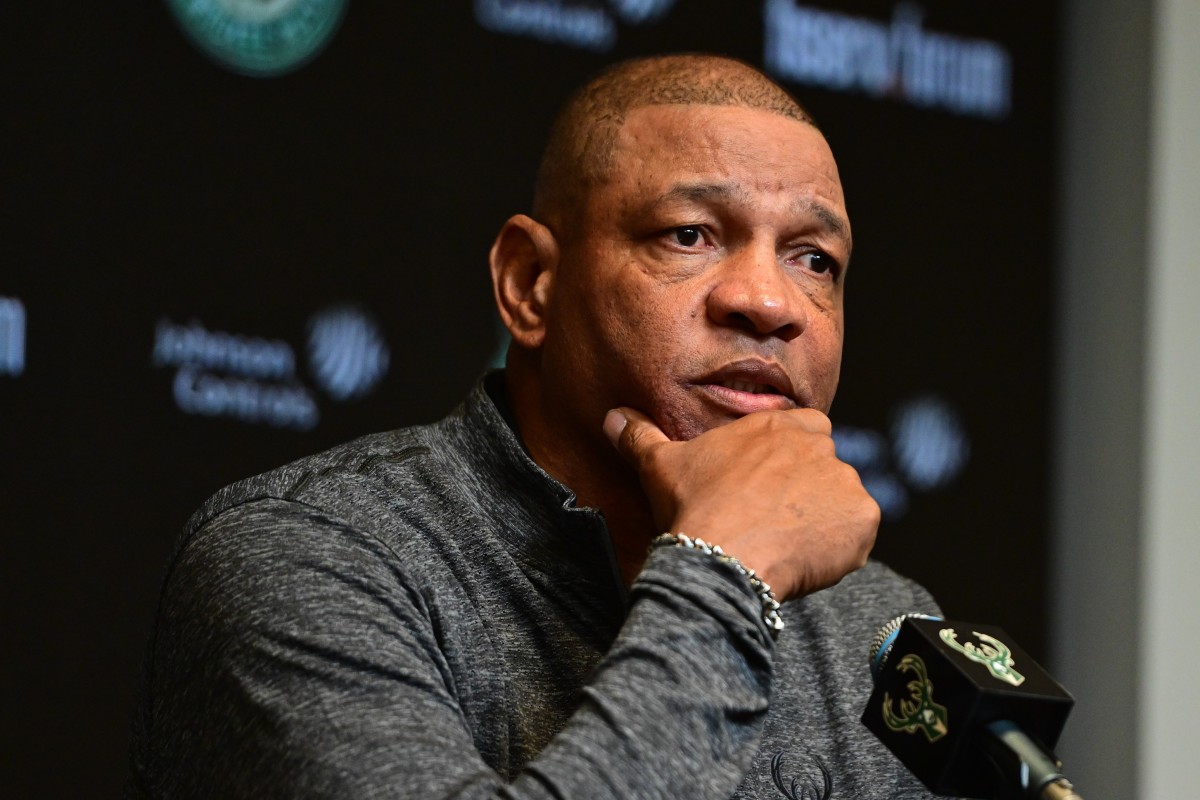 Doc Rivers speaks at a press conference as he is introduced as the new head coach of the Milwaukee Bucks