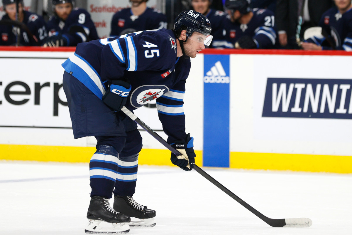 Sep 27, 2023; Winnipeg, Manitoba, CAN; Winnipeg Jets defenseman Declan Chisholm (45) during a game against the Calgary Flames at Canada Life Centre.