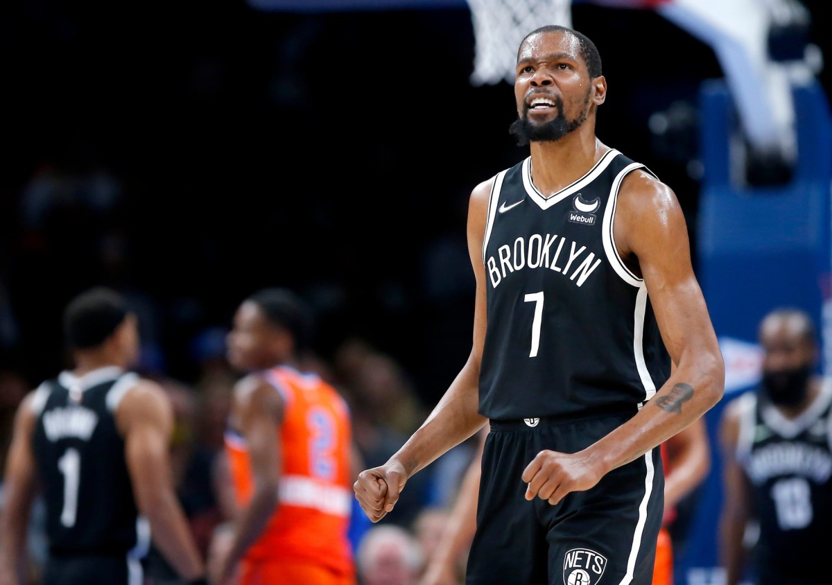 Nets forward Kevin Durant (7) reacts after a play against the Thunder during Brooklyn's 120-96 win
