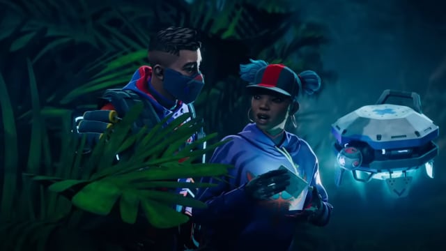 Octane (left), Lifeline (middle) and DOC the healing drone (right) in Apex Legends Lifeline cinematic trailer for 'Stories from the Outlands'.