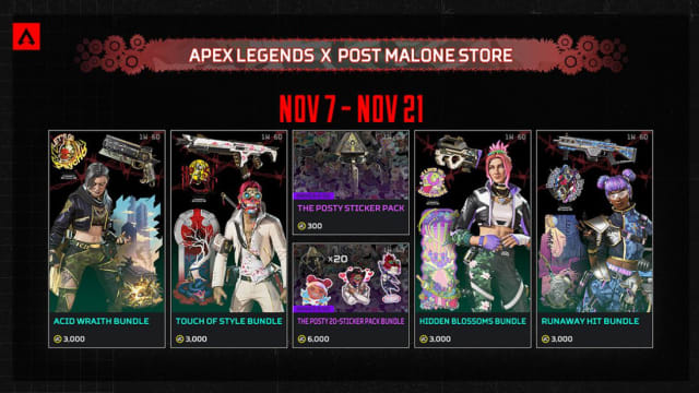Four new bundles in the Apex Legends x Post Malone Event.