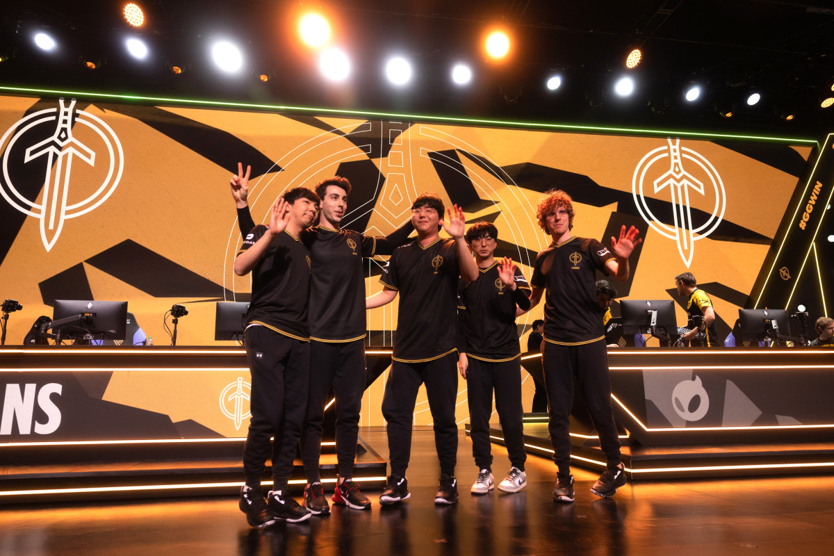 Golden Guardians pose onstage after competing during week 4 of the 2023 LCS Spring Split at the Riot Games Arena on February 16, 2023. (Photo by Robert Paul/Riot Games)