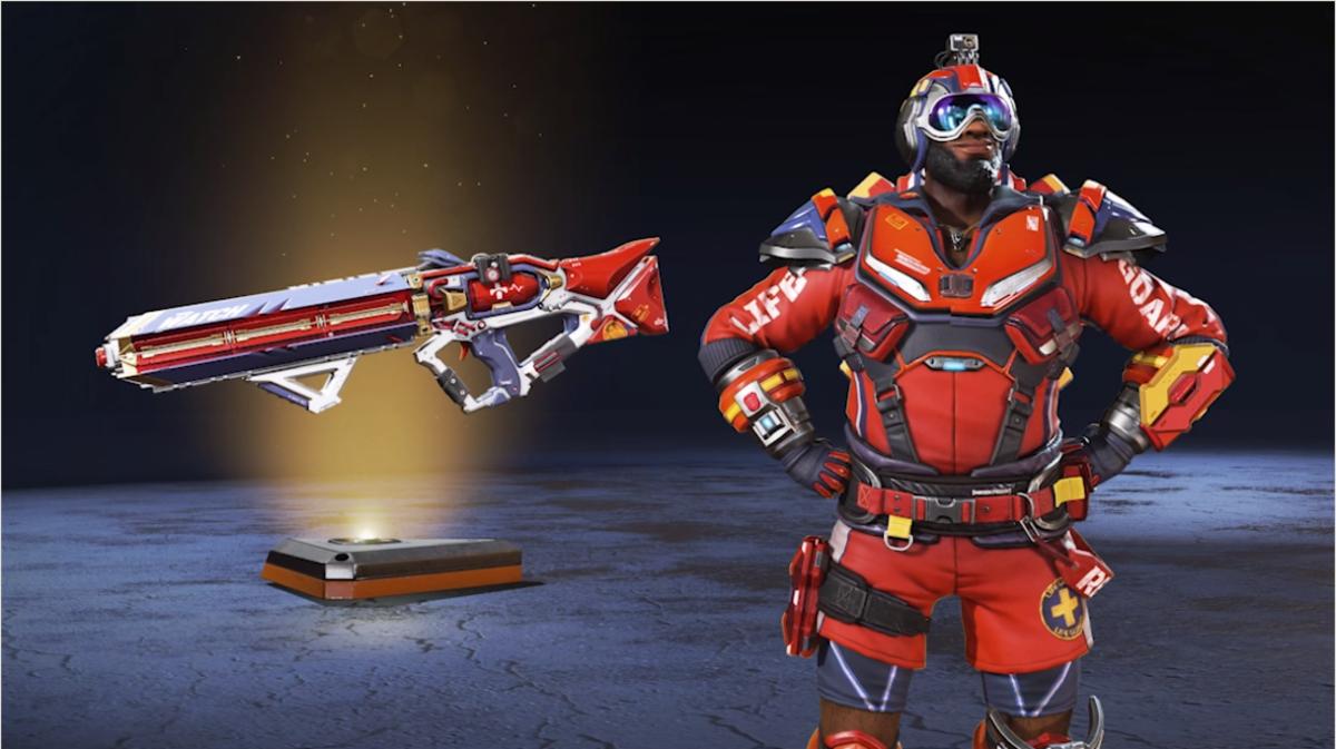 Newcastle's Shoreline Defender lifeguard themed skin from the Sun Squad Collection Event in Apex Legends with a Havoc.
