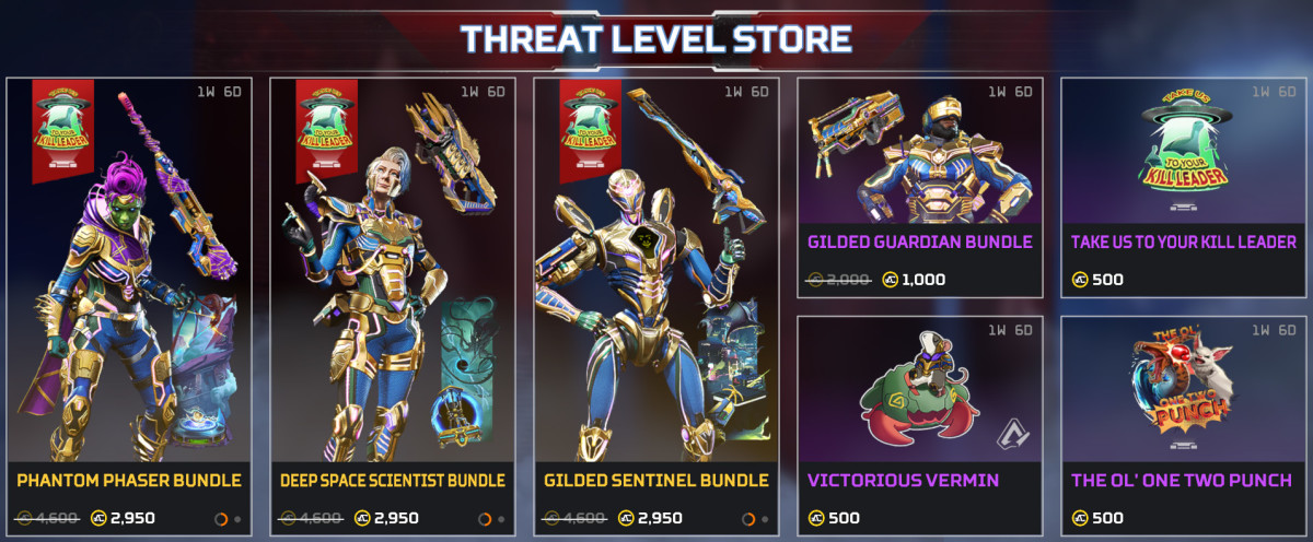 The Threat Level Event store page from Apex Legends featuring Wraith, Horizon, Pathfinder and Newcastle recolored skins.