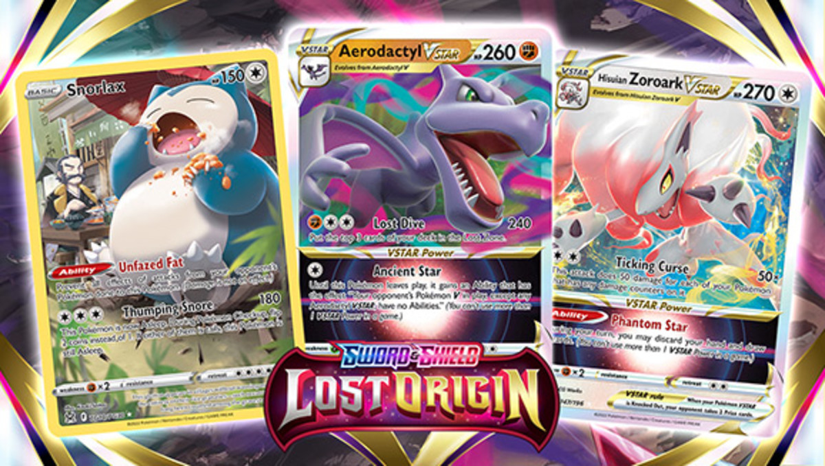 Aerodactyl Vstar Snorlax and Zoroark Vstar Lost Origin tcg cards