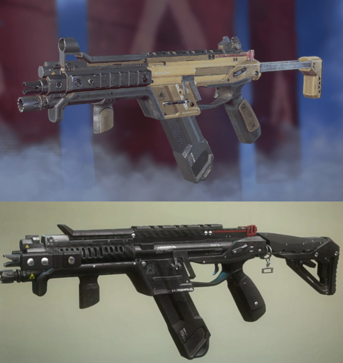 A side-by-side comparison of the R-97 Compact SMG from Titanfall and the R-99 SMG from Apex Legends.
