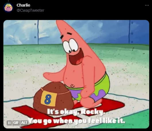 Reaction gif of Patrick Star comforting Rocky