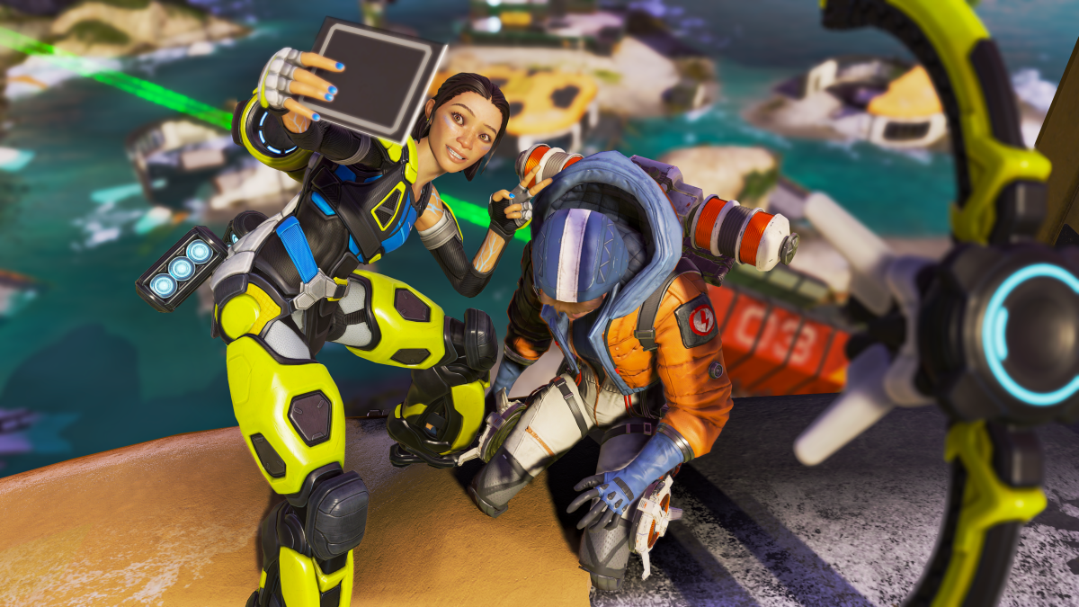 Conduit taking a selfie with Wattson as she finishes her in Apex Legends Season 19: Ignite