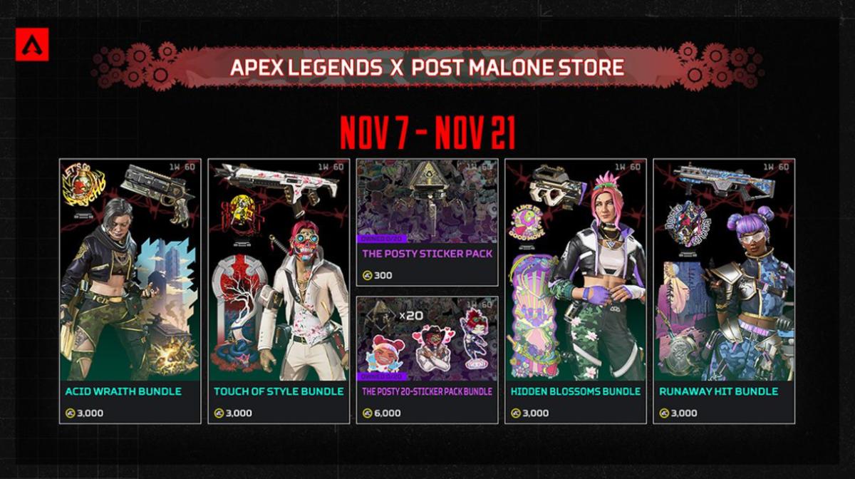 Four new bundles in the Apex Legends x Post Malone Event.