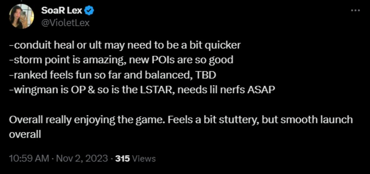 A comment on Twitter by SoaR Lex about the new season of Apex Legends.