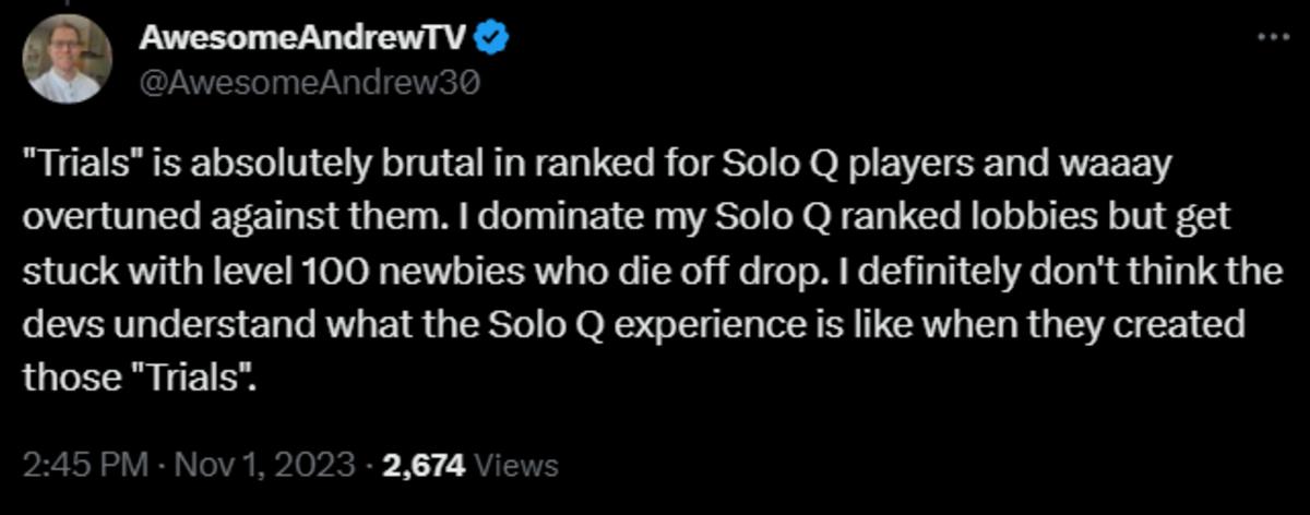 Twitter user comments on the harshness of Solo Q'ing in Apex Legends Season 19.