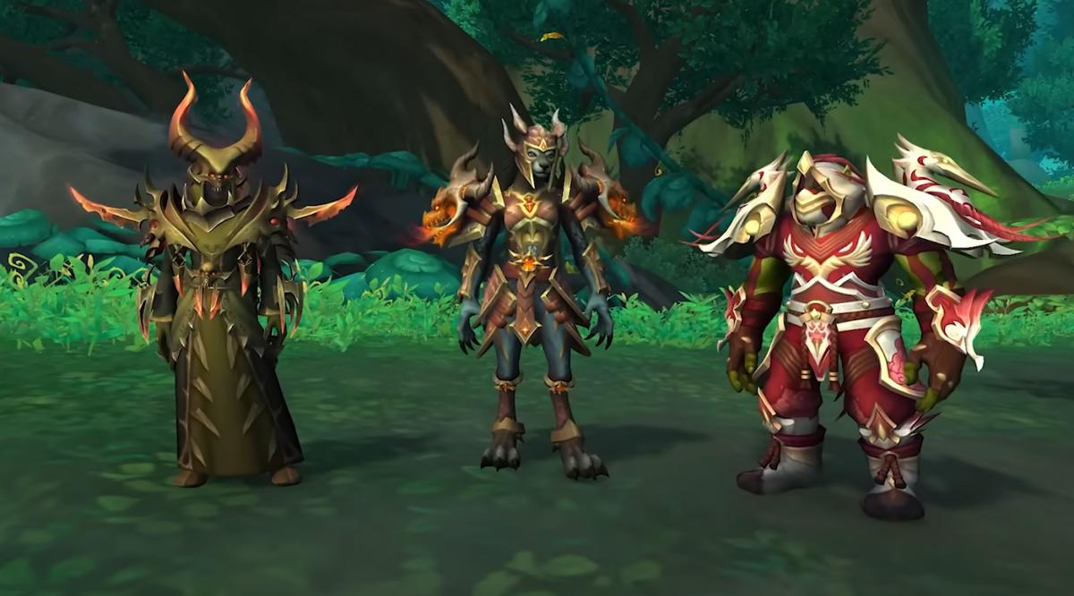 The Class Armor sets for (left to right) Warlock, Hunter and Monk obtained in Amidrassil, the Dream's Hope raid in World of Warcraft: Dragonflight Patch 10.2.