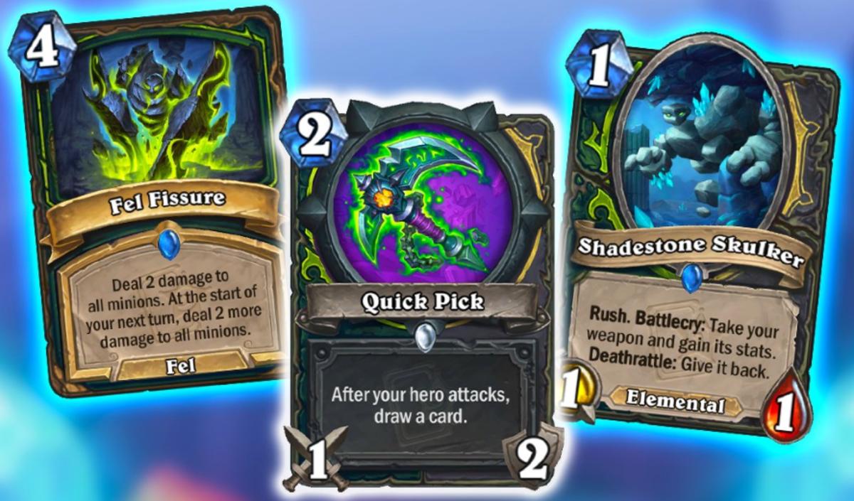 Three new dual-class cards for Demon Hunters and Rogues in the Delve into Deepholm mini-set for Hearthstone.