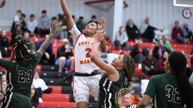 Dee Alexander of Purcell Marian goes up for a layup against Laurel in a game at Classic int he Country on January 11, 2023.