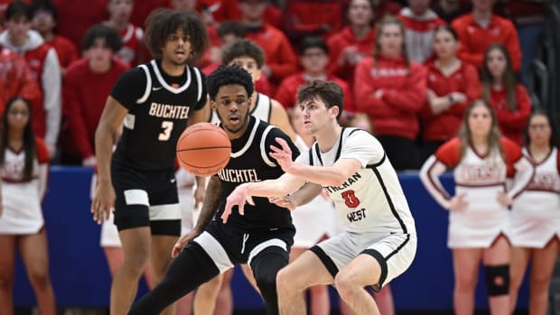 Jayson Levis of Lutheran West makes a pass against Buchtel during the 2023 OHSAA Division II state championship game.