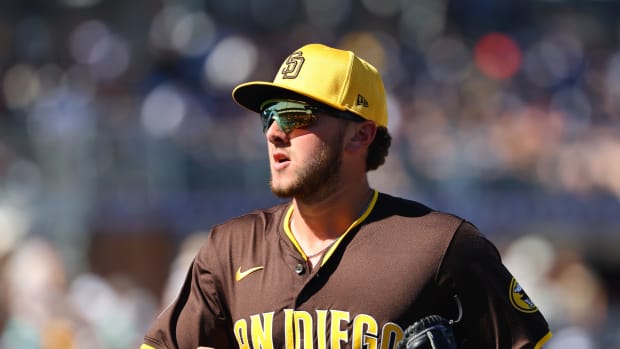 Feb 22, 2024; Peoria, Arizona, USA; San Diego Padres outfielder Jackson Merrill against the Los Angeles Dodgers during a spring training game at Peoria Sports Complex.