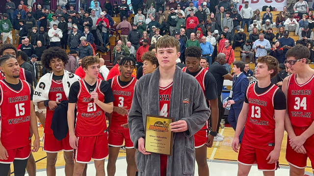 Harvard-Westlake's Nik Khamenia was awarded MVP of the Wolverines' 60-59 OT win over McEachern (GA) at the Spalding Hoophall Classic in Springfield, Mass. on Monday, Jan. 15, 2024.