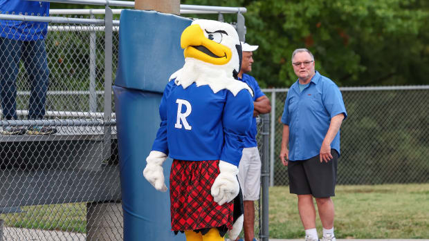 The Rockhurst Hawklet mascot kept fans pumped up during Rockhurst's 21-14 win over Bishop Miege in September.