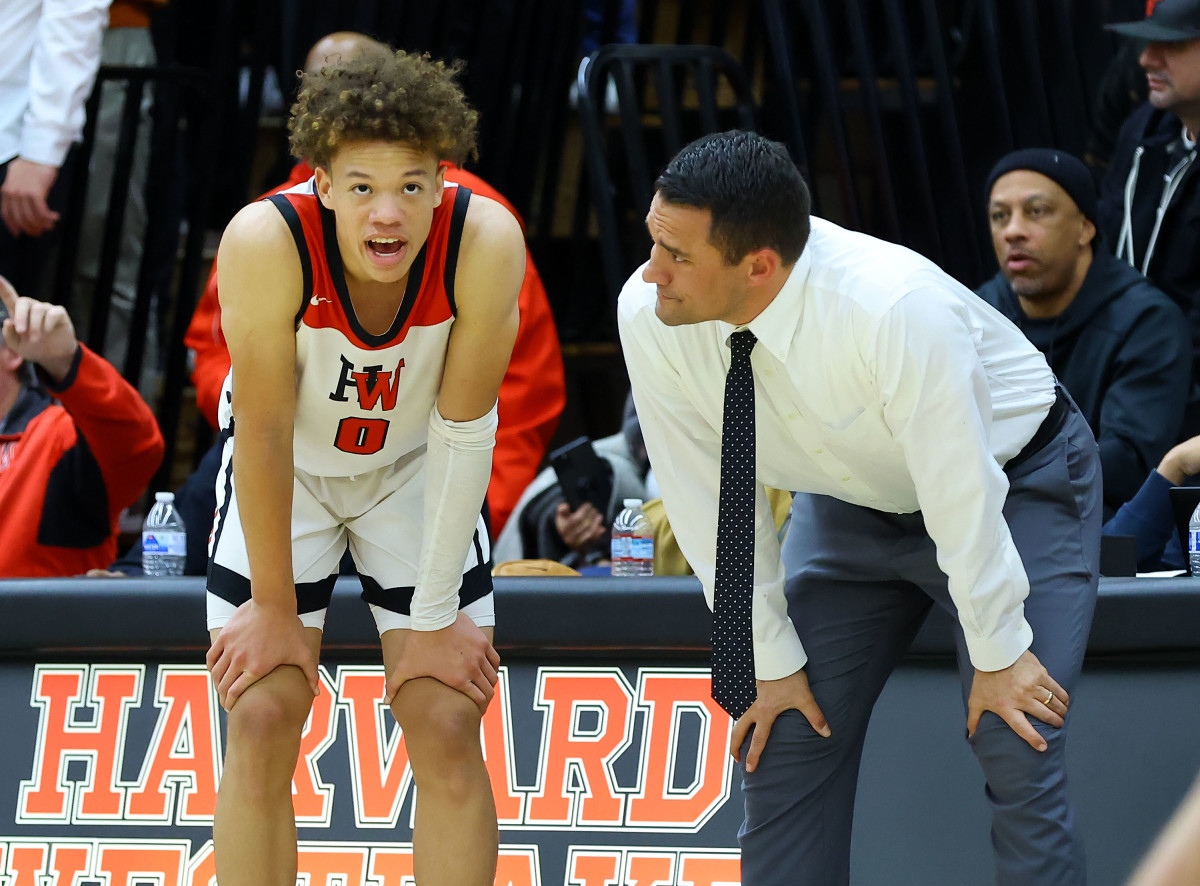 Harvard-Westlake coach David Rebibo getting in ear of Trent Perry during big Southern Section playoff win over West Ranch. Photo: Nick Koza