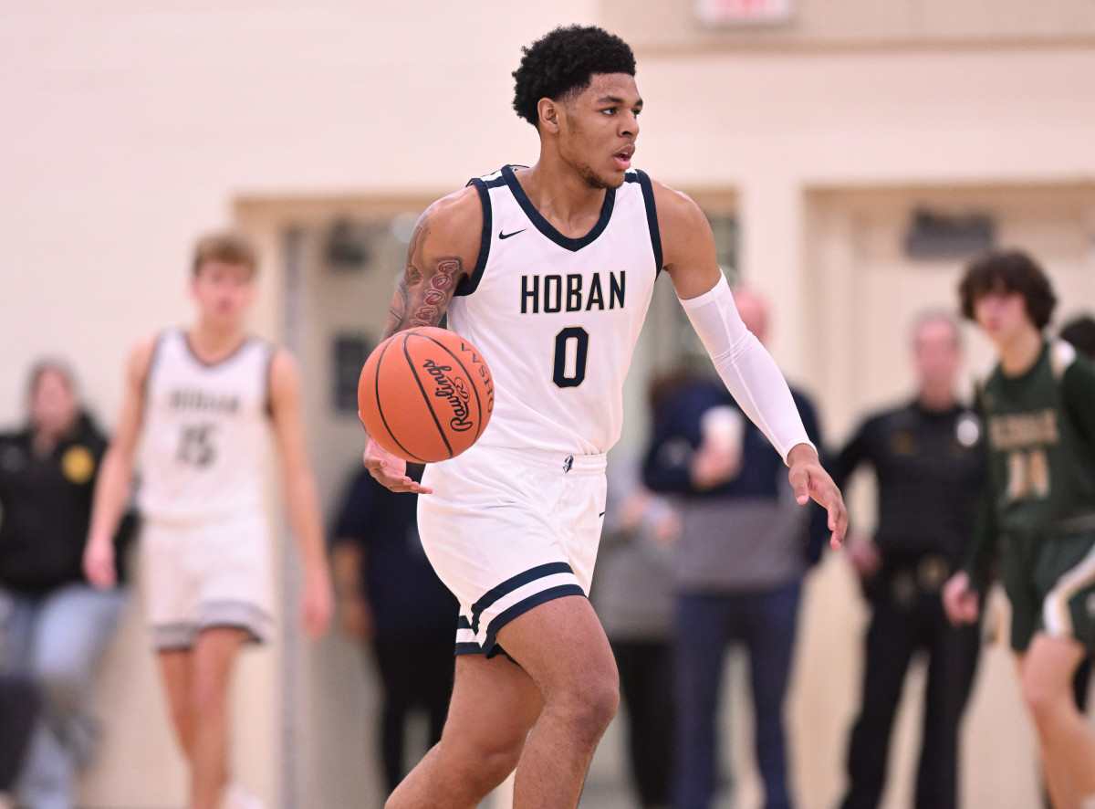 Archbishop Hoban's Jonas Nichols brings the ball up the floor against GlenOak on March 2, 2023.