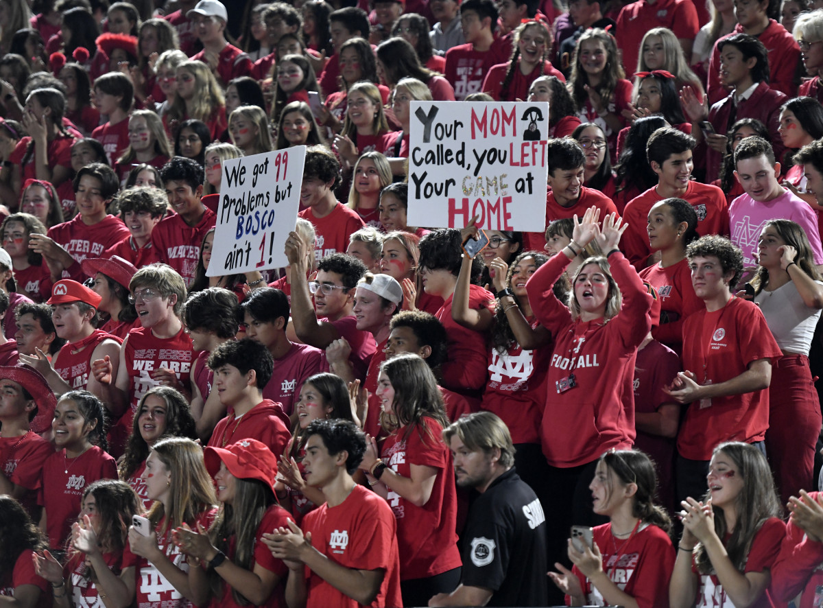 Mater Dei fans cheer during an October 7, 2022 win over St. John Bosco in Santa Ana, California.