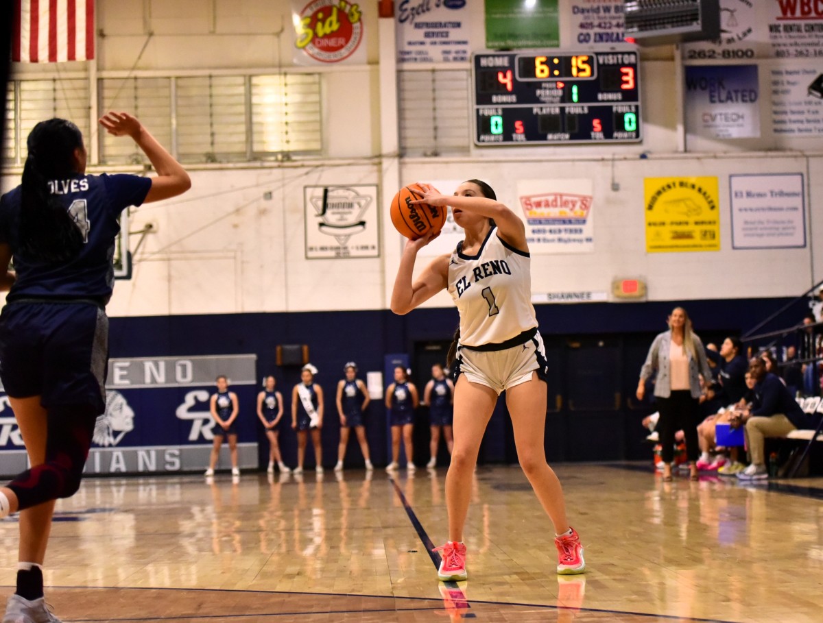 El Reno's Emmary Elizondo launches a shot during the Lady Indians' regular-season finale against Shawnee on Feb. 13, 2024.