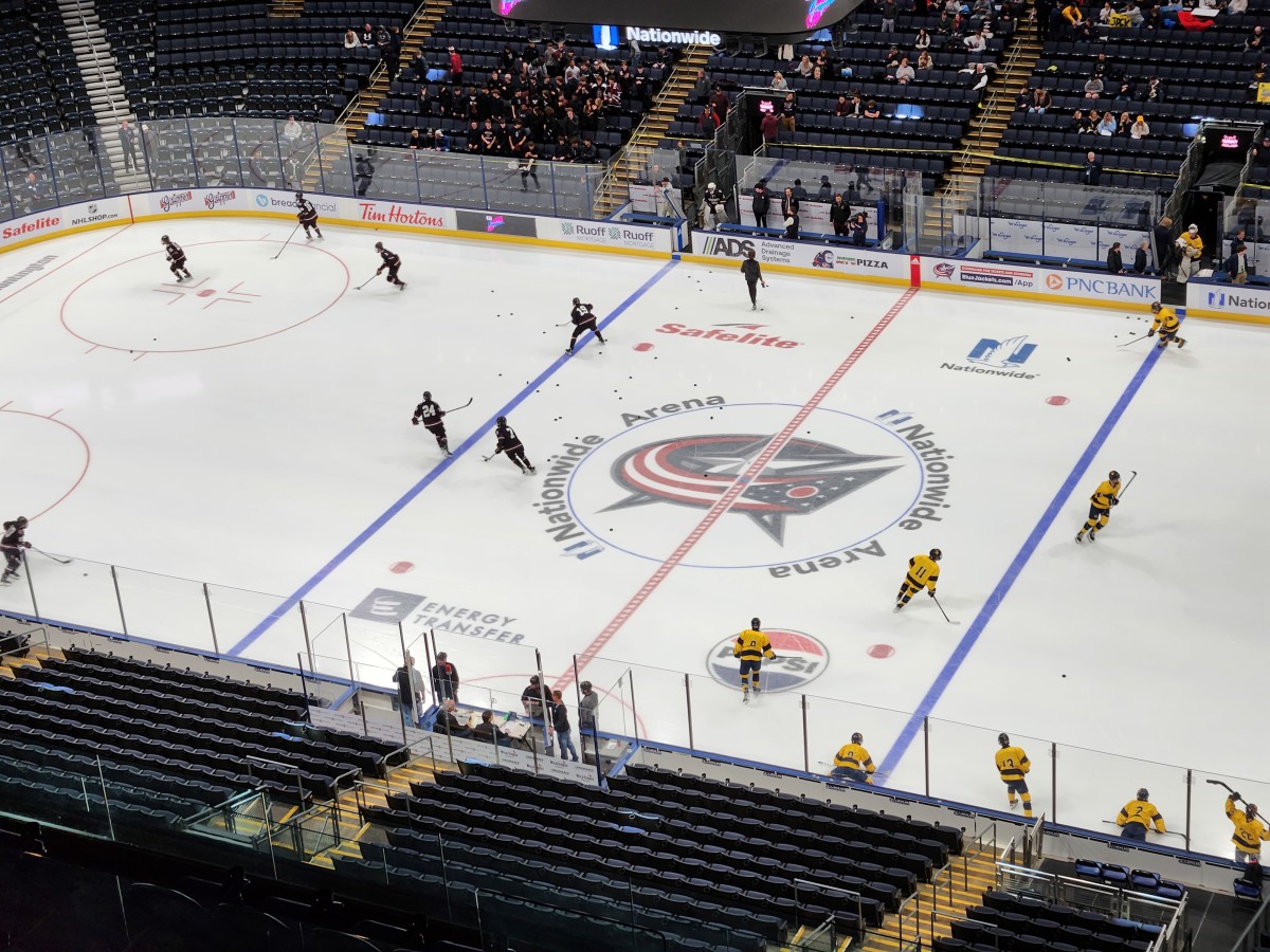 St. Ignatius and University School warm up at Nationwide Arena in Columbus prior to the 2024 OHSAA hockey state championship game.