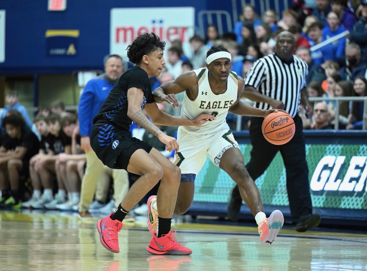 Brunswick's Quinn Barnett defends Ja'Corey Lipkins of GlenOak in a regional semifinal game on March 12,2024. Brunswick won 53-46 and Barnett held Lipkins to 10 points under his average.