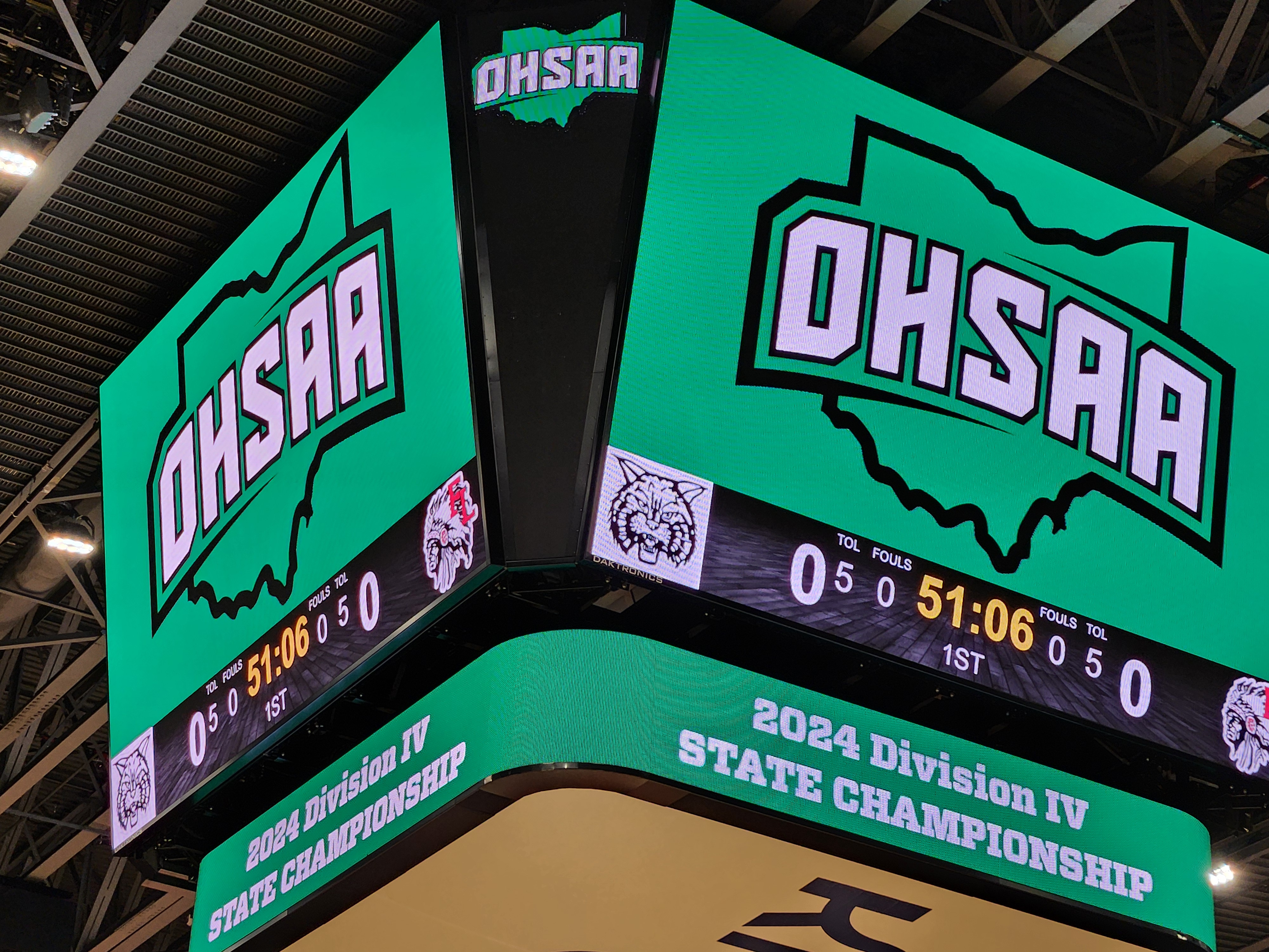 The scoreboard at the University of Dayton Arena is ready for the Division IV state championship game between Fort Loramie and Waterford.