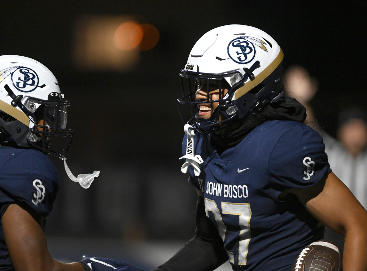 Kyngstonn Viliamu-Asa celebrates a play during nationally ranked St. John Bosco's Sept. 8 win over St. Frances Academy.