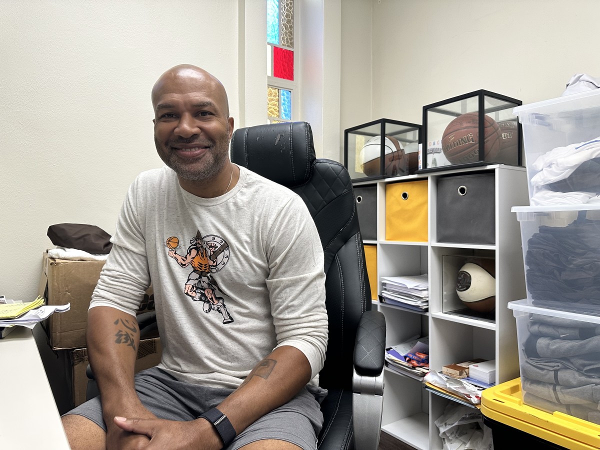 New Encino Crespi boys basketball coach Derek Fisher in his new office on campus.