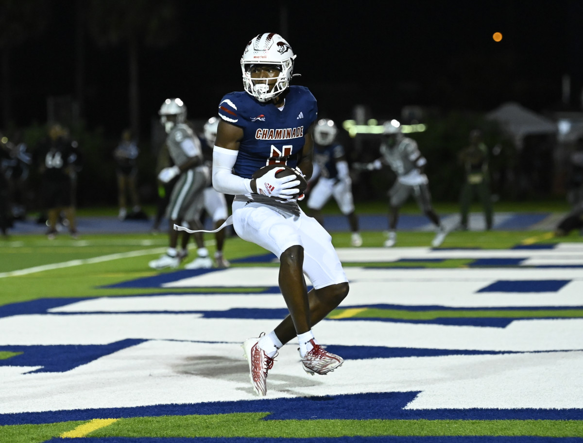 Jeremiah Smith, the nation's No. 1 prospect, catches a touchdown pass in a win over Miami Central on Sept. 21.