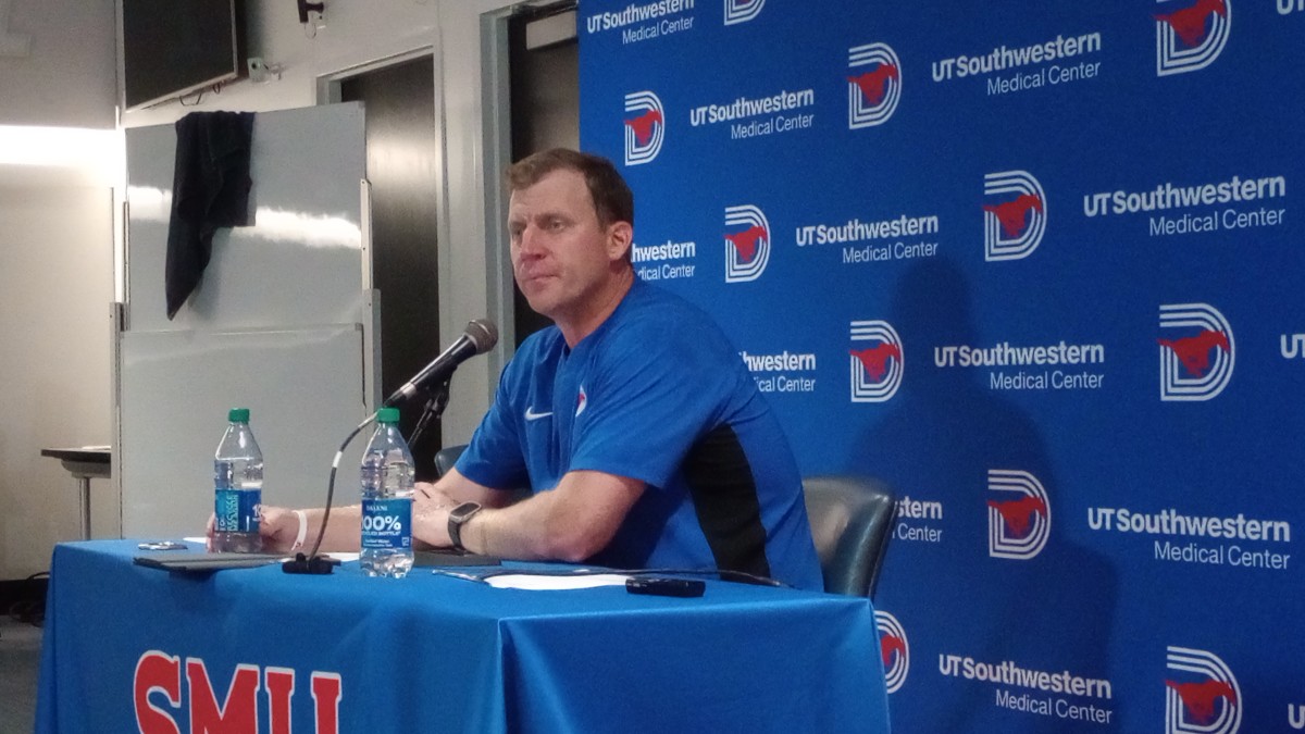 SMU head football coach Rhett Lashlee addresses the media following the Mustangs' 34-16 win against Charlotte on Sept. 30, 2023.