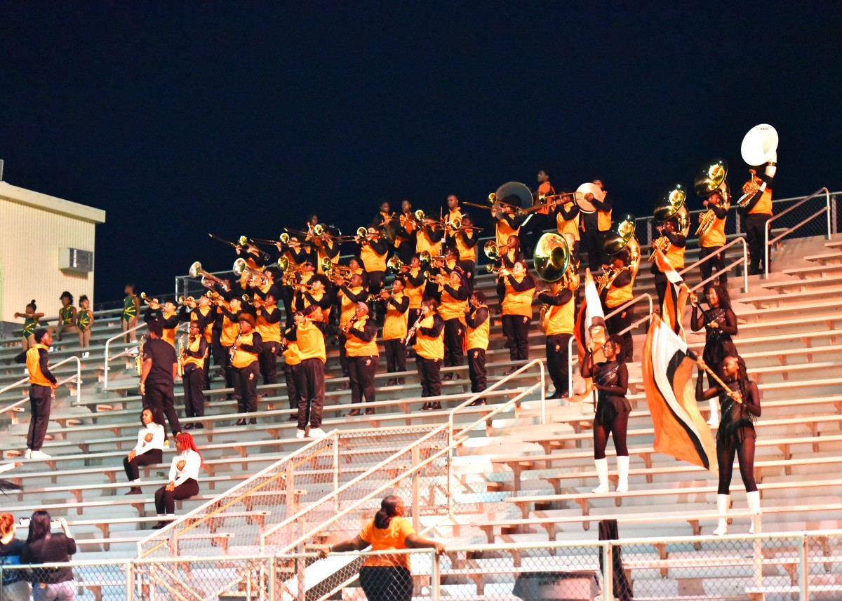 Oklahoma City Douglass band members play during a game against Pauls Valley on Oct. 26, 2023.