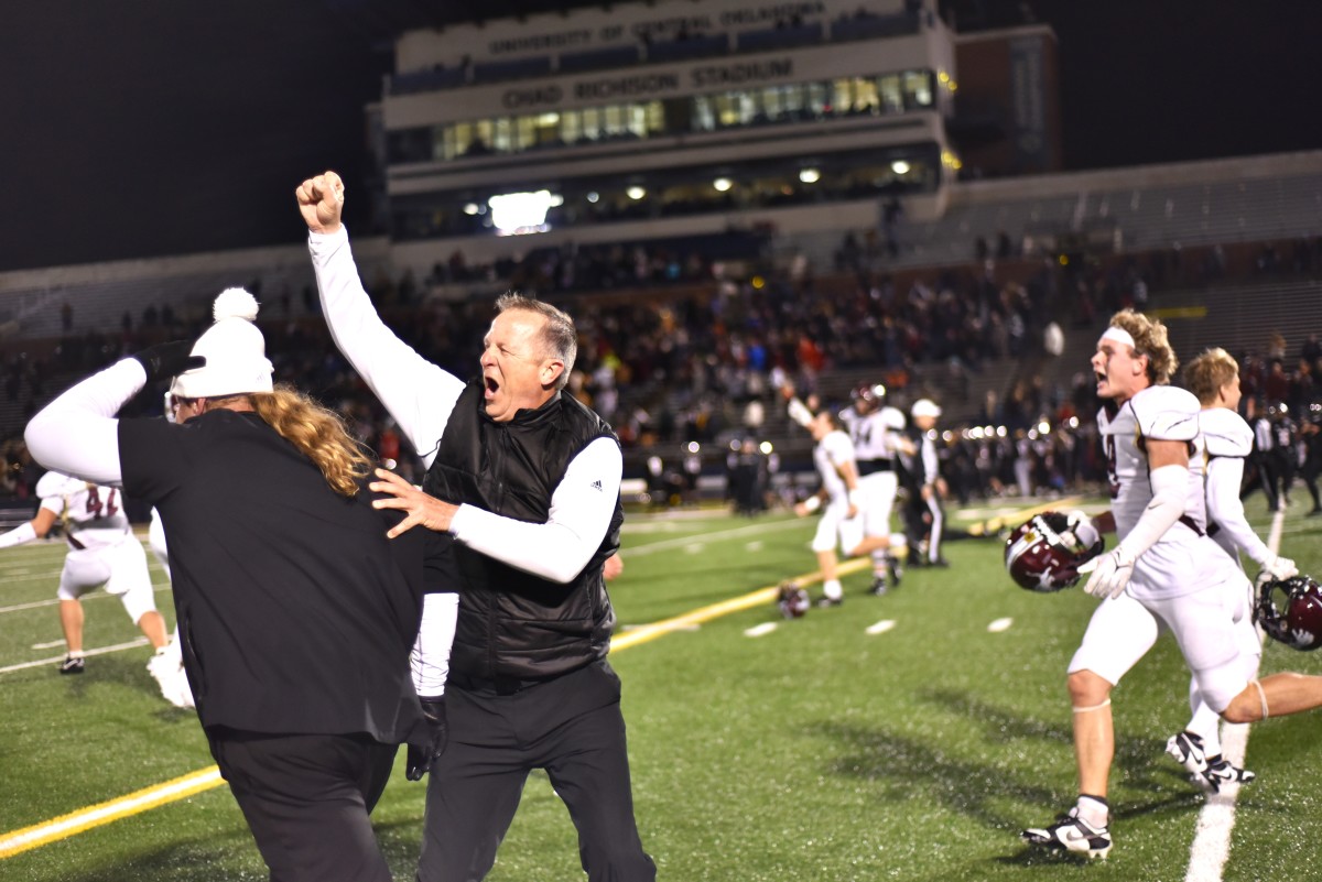 Blanchard coaches and players celebrate following the Lions' 19-14 win against Wagoner in the Class 4A championship game that ended on Dec. 1, 2023.